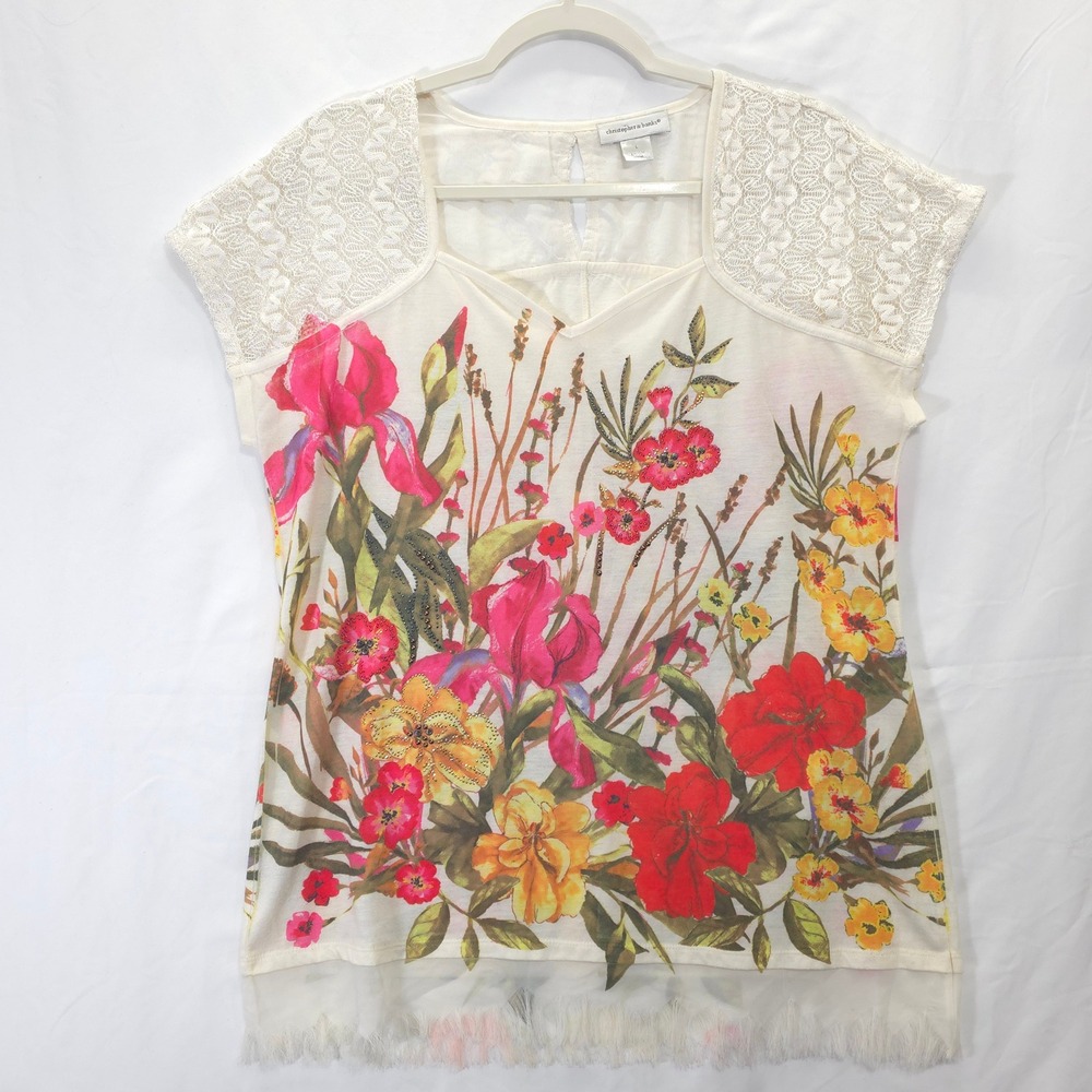 Christopher & Banks Floral Beaded Lace Trim Top Ivory Red Women L Cottagecore